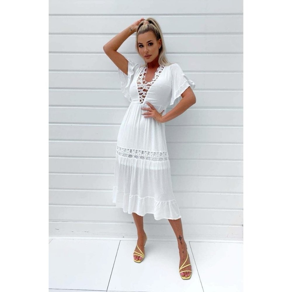 White Crochet Trim Short Sleeve V-Neck Midi Dress - Picture 7 of 8